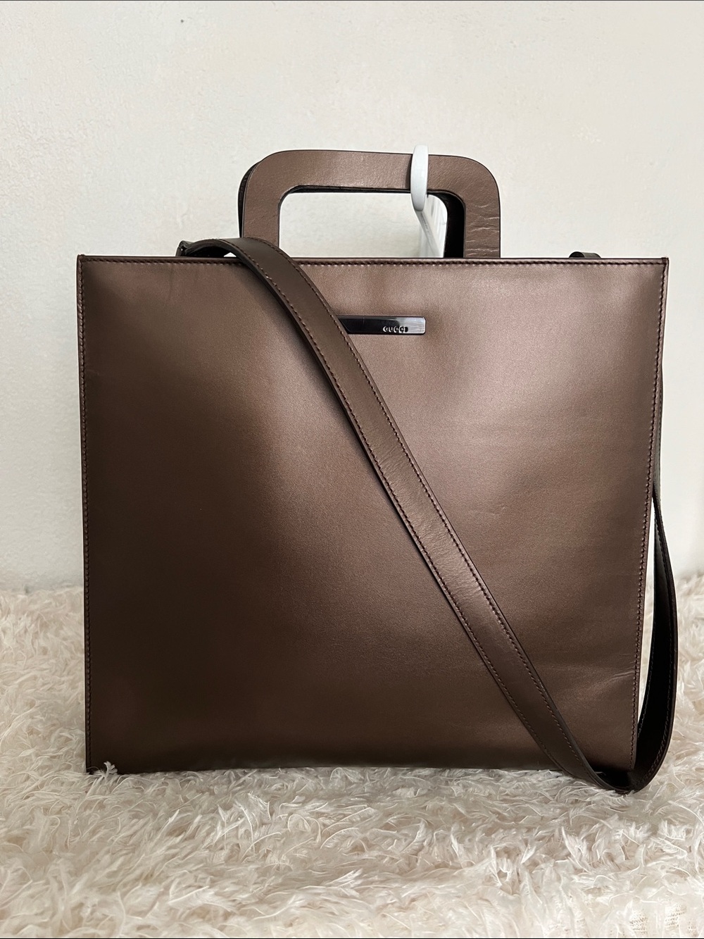 Gucci Bronze Leather Structured Tote with Top Handle and Crossbody Strap
